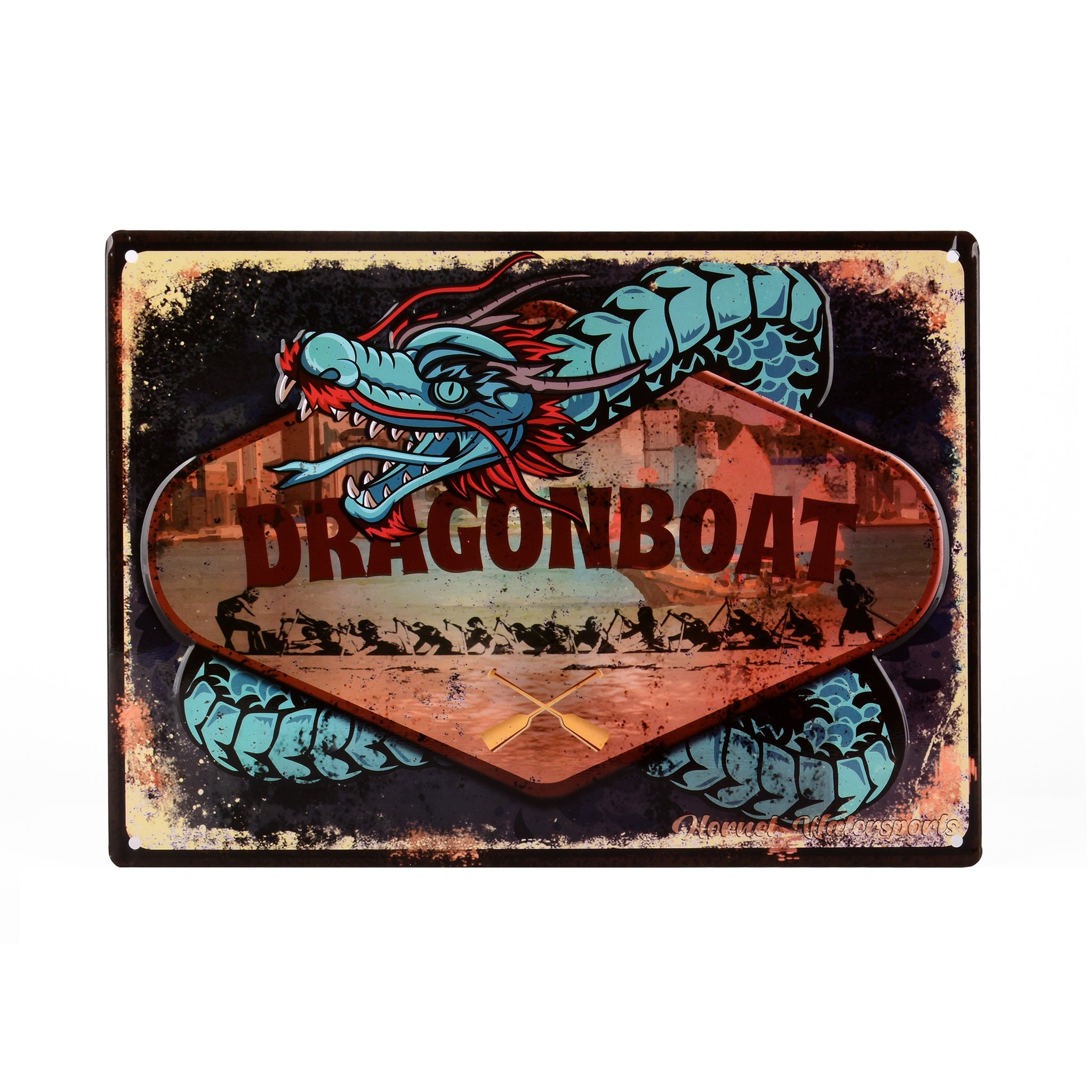 Dragon Boat Embossed Tin Sign- Blue Dragon